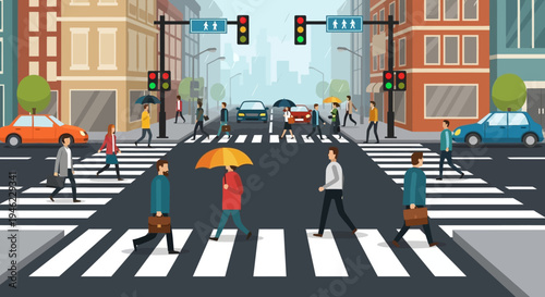 People Walking Across City Crosswalk at Busy Urban Intersection