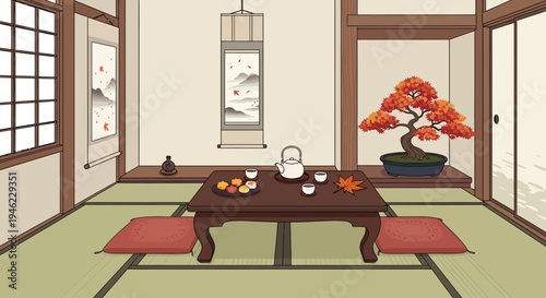 Pixel Art Japanese Tea Room Interior with Bonsai and Autumn Decor