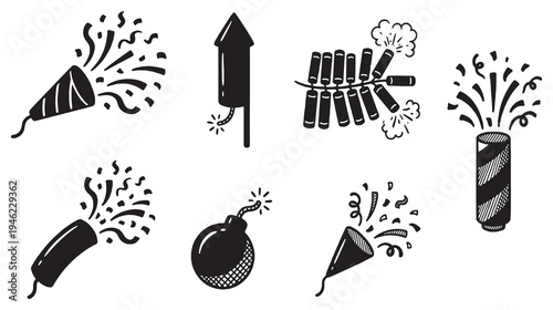 Collection of hand-drawn fireworks and party poppers exploding with confetti.