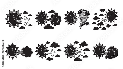 Collection of cartoon sun characters blowing wind and clouds, representing weather phenomena.