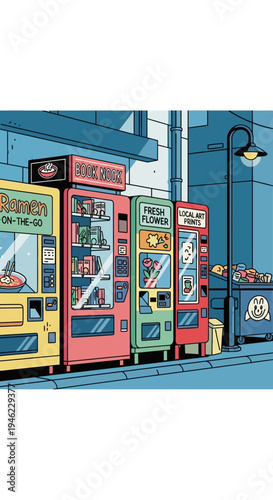 Row of Colorful Vending Machines on a City Street