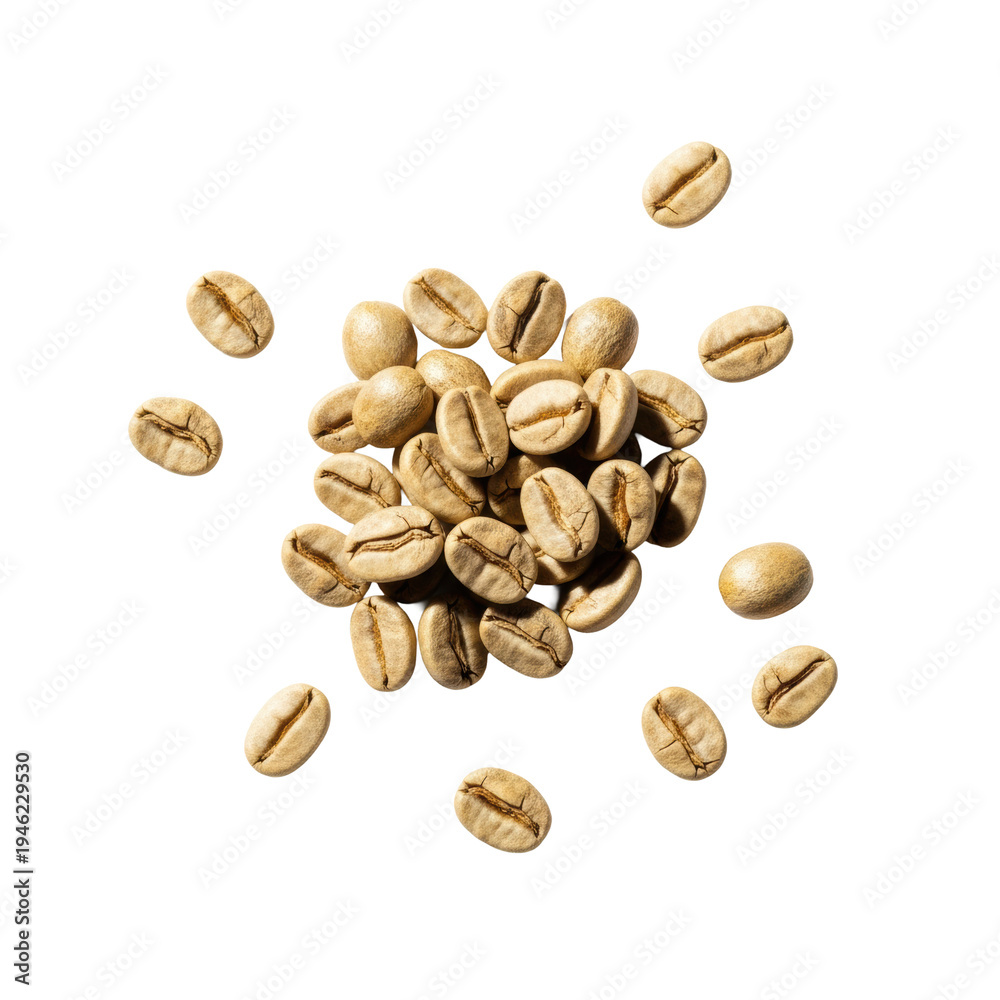 Obraz premium A flat lay macro of light roasted arabica beans, pale beige, highly textured with creases, scattered on a transparent studio background with soft shadows. Concept for premium coffee packaging design