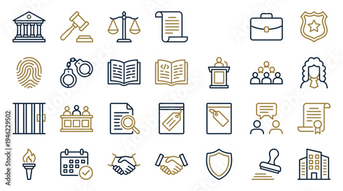 Collection of Legal and Judicial Icons for Business and Law Contexts. Vector Icons Set