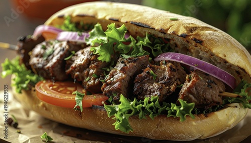 Delicious grilled beef kebab sandwich with fresh lettuce tomato and red onion on crusty bread a tasty and juicy meal for lunch or dinner
