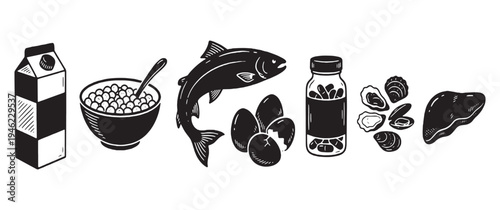 Collection of healthy food items and supplements, including milk, cereal, fish, eggs, oysters, and liver.
