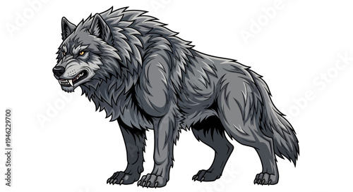 A large and wild dire wolf with grey fur isolated on a white background. Big canis dirus, a giant canine animal from the Pleistocene and ice age era