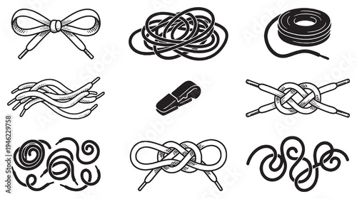 Collection of shoelace illustrations showing different knots, coils, and arrangements.