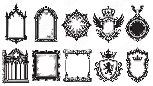 Collection of vintage heraldic crests, ornate frames, and decorative emblems in a hand-drawn sketch style.