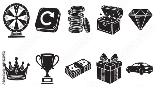 Collection of black and white vector icons representing rewards, prizes, and wealth, including a wheel of fortune, coins, treasure chest, diamond, crown, trophy, money, gift box, and car.