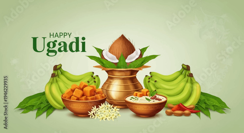 Elegant horizontal Ugadi festival banner featuring traditional kalash, coconut, mango leaves, bananas, jaggery and Ugadi pachadi. Soft green background with minimal decorative elements makes it ideal