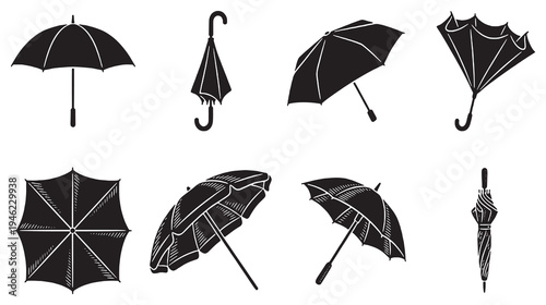 Collection of black silhouette umbrellas in various open and closed positions, isolated on a white background.