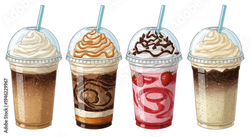 Five different iced coffee beverages are displayed in clear cups. Each drink has whipped cream on top, showcasing various flavors and syrups. Ideal for a hot day, they appear refreshing and delicious