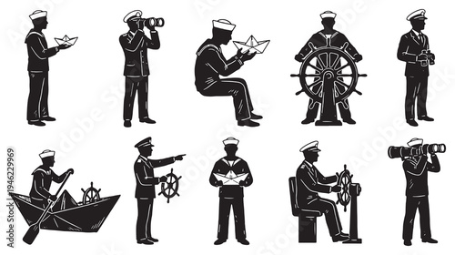 Collection of Sailor Silhouettes Engaged in Various Nautical Activities and Poses.