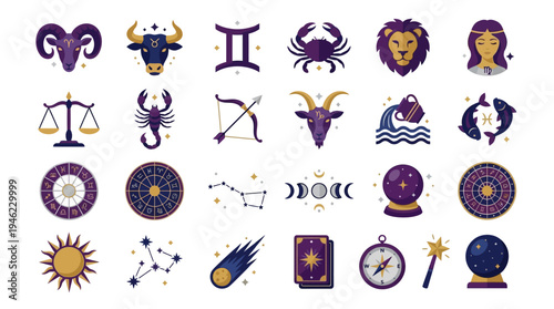 Collection of Zodiac Symbols and Astrology Icons for Design. Vector Icons Set