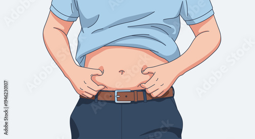 Man pinches belly fat in closeup with copy space, highlighting weight gain, body image concern, fitness motivation at home