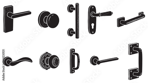 Collection of various door handles and knobs, isolated on a white background.
