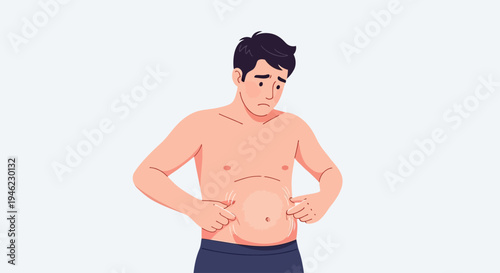 Man pinches belly fat in closeup with copy space, highlighting weight gain, body image concern, fitness motivation at home