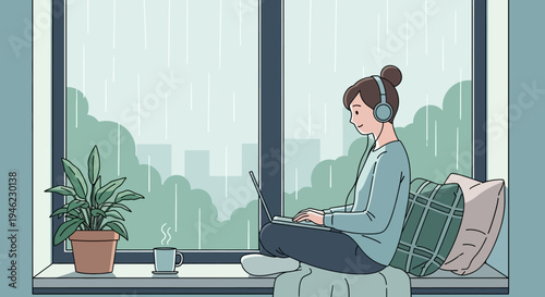 A young woman sits on the floor, working on her laptop, surrounded by a swirling array of colorful idea cards and documents, symbolizing productivity and information flow.