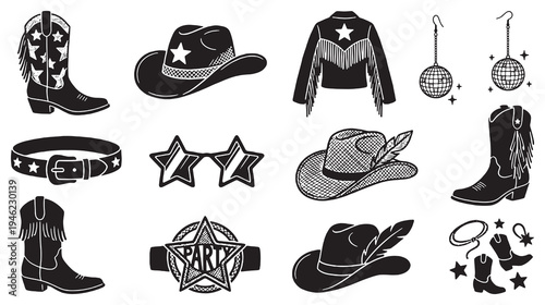 Collection of Western-themed cowboy accessories and clothing items, including boots, hats, and fringe jacket.