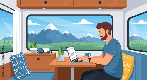 A young man works on his laptop on a sunny balcony overlooking a city skyline, enjoying remote work with a cup of coffee.