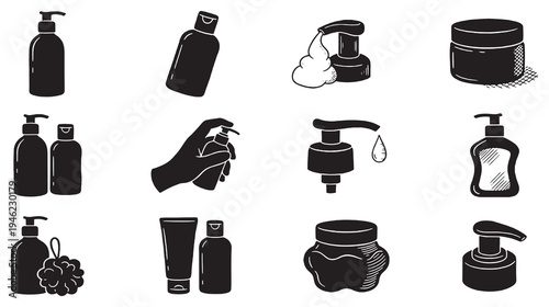 Collection of black and white icons representing various bottles and containers for cosmetics and personal care products.