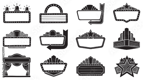 Collection of vintage marquee signs and retro theater marquees with blank spaces for text.