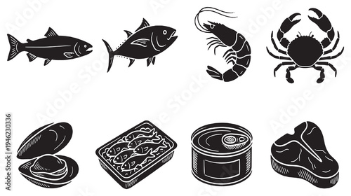 Collection of seafood and meat icons, including fish, shrimp, crab, oysters, canned fish, and steak.