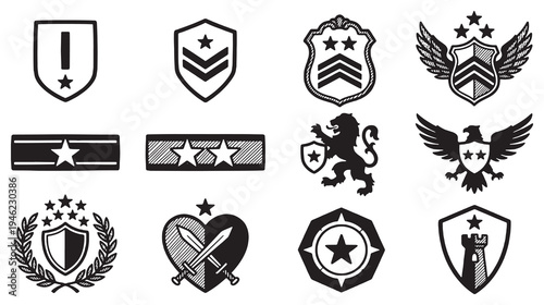 Collection of Shields, Badges, and Emblems with Stars, Wings, and Other Symbols.
