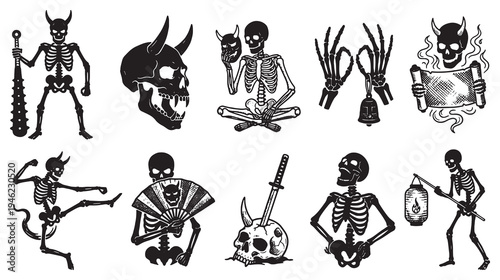Collection of stylized skeleton illustrations with demonic and spooky elements, perfect for Halloween or gothic themes.