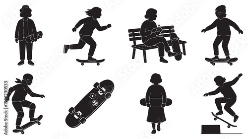 Collection of Silhouettes of People and Skateboards Engaged in Various Activities.
