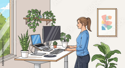 A woman works at a standing desk in a bright home office filled with various houseplants, a laptop, and an external monitor, promoting a healthy work environment.