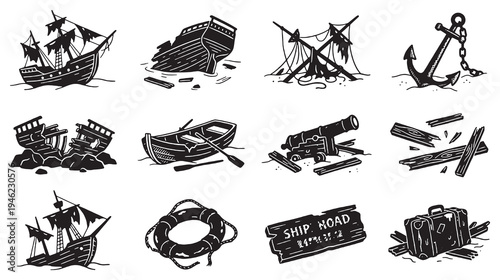 Collection of vintage nautical and pirate-themed illustrations including ships, anchors, cannons, and shipwrecks.
