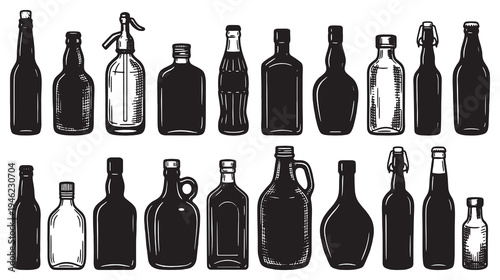Collection of various vintage and modern glass bottles, including soda, beer, and liquor bottles, presented in a silhouette style.