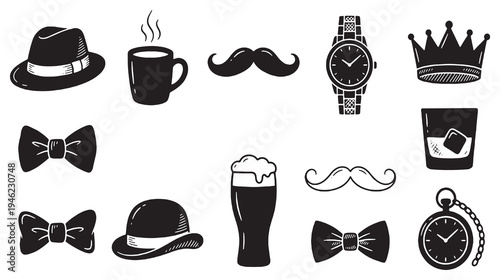 Collection of classic gentleman's accessories and symbols, including hats, bow ties, mustaches, watches, and drinks.