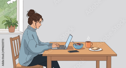 An illustration of a young woman working on her laptop at a wooden table, with breakfast items and a plant by the window.