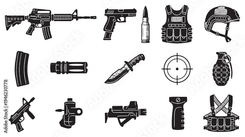 Collection of military and tactical equipment icons, including firearms, ammunition, body armor, and accessories, presented in a clean, vector graphic style.