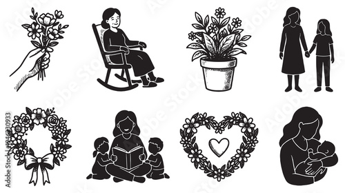 Collection of black and white illustrations depicting family, motherhood, and nature themes.