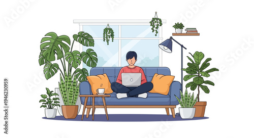 A person working from home on a laptop, surrounded by numerous indoor plants in a cozy, well-lit living room with a window.