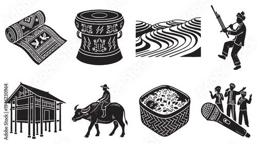 Collection of traditional cultural symbols and elements from Southeast Asia, including a mat, drum, rice terraces, musician, stilt house, farmer on buffalo, food basket, and singers with microphone.