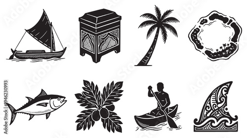 Collection of black and white illustrations representing tropical island life, including a sailboat, a palm tree, a fish, and a canoe.