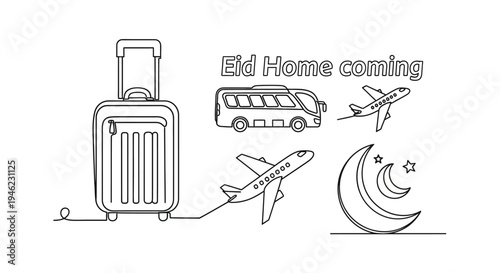 Line art illustration of luggage with airplane, bus, and plane icons, crescent moon, and 'Eid Home coming' text, symbolizing Muslim holiday travel and homecoming tradition.