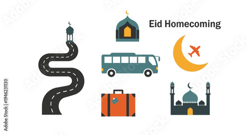 Flat lay illustration of Eid homecoming travel concept with road, bus, suitcase, mosque, and airplane icons on white background.