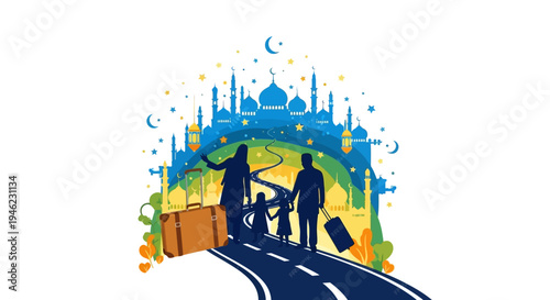 Illustration of a Muslim family traveling home for Eid al-Fitr with luggage on a road leading to a cityscape with mosques and crescent moons in a festive and joyful atmosphere.