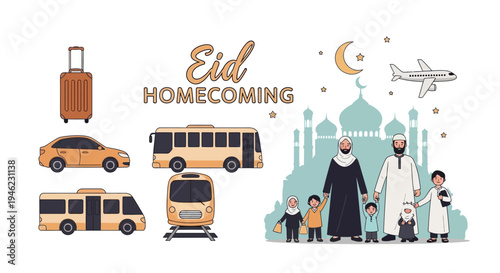 Illustration of a muslim family with luggage and transportation for Eid homecoming travel celebration