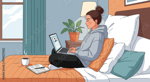 Young woman with hair in a bun working or studying on a laptop in bed, surrounded by pillows, with a mug and newspaper nearby in a cozy bedroom.