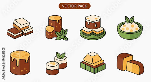 A diverse collection of isometric food icons, including sweet treats, cheese, and fruit, presented as a vector pack