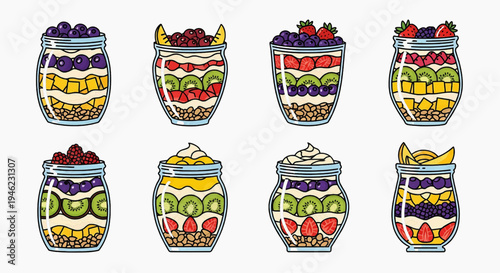Set of eight cartoon-style illustrations of layered fruit and yogurt parfaits in glass jars, perfect for healthy eating concepts