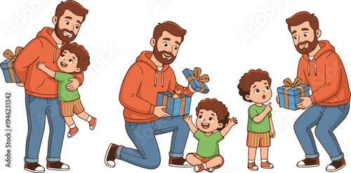 Vector illustration set of a loving father giving a surprise gift box to his excited little son in three different poses, including hiding, presenting, and opening the present.