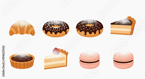 Collection of diverse baked goods and sweet treats croissants, chocolate donuts, pie, tart, and macarons. Charming vector illustrations for culinary designs