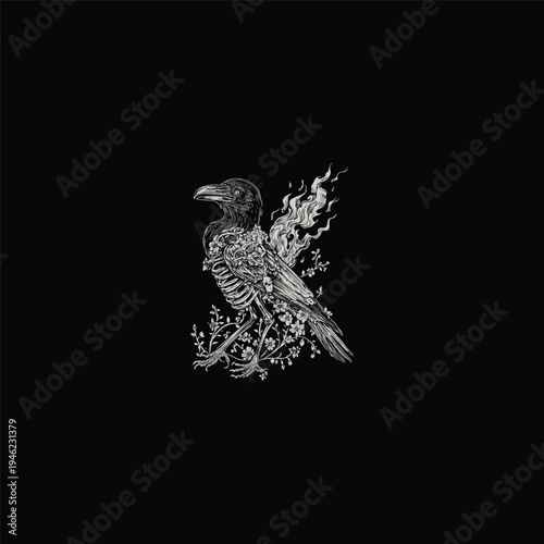 Vintage hand-drawn illustration of a skeletal crow on fire surrounded by delicate flowers, dark gothic aesthetic art.